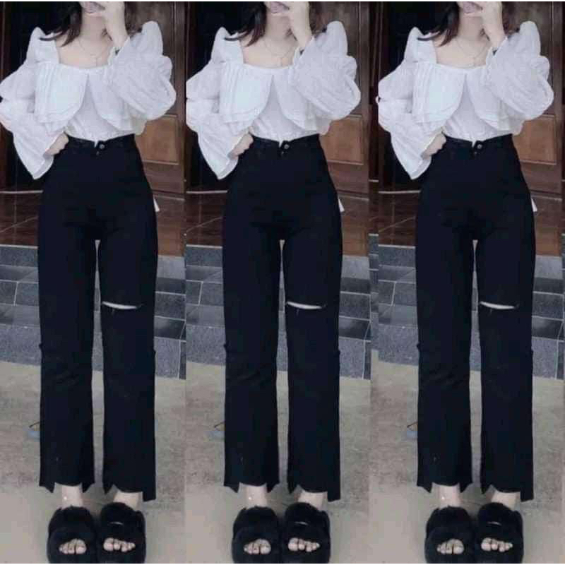 Set Jeans ống đứng đen rách gấu 1line+ Áo kiểu bèo tầng hottrend