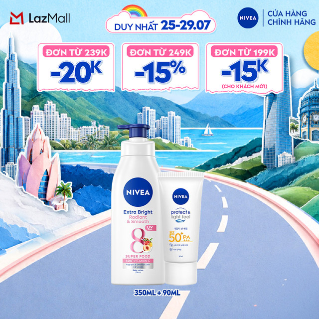 [MUA LÀ CÓ QUÀ] Bộ Đôi Sữa Dưỡng Thể NIVEA 8 Super Fooods Dưỡng Sáng Da và Kem Chống Nắng NIVEA PROTECT  LIGHT FEEL SPF50+ PA+++ - 98413 + 86018