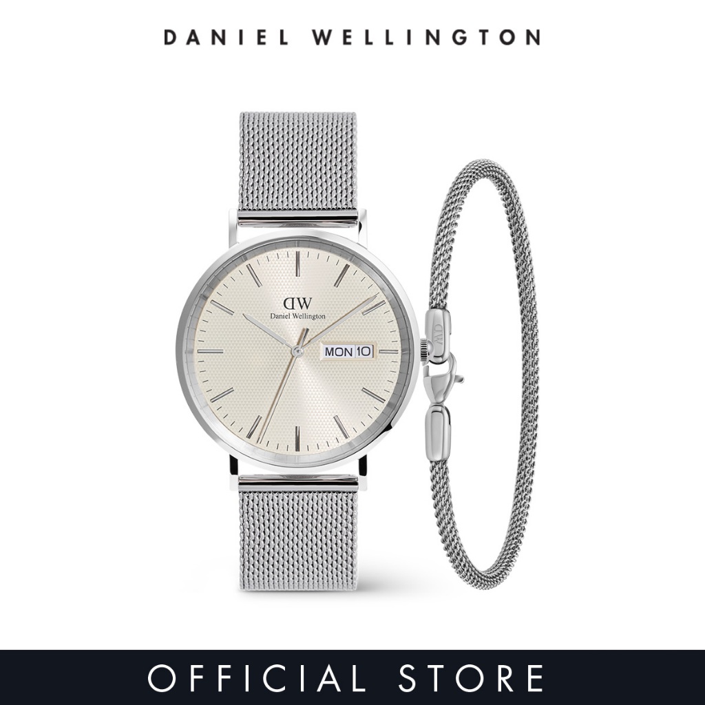 Daniel Wellington Gift Set - Classic 40mm Day Display Sterling Champagne Silver + Mesh bracelet 2.8 Silver 185mm - Watch + Bracelet Set - Gift for Men Birthday Annivesary