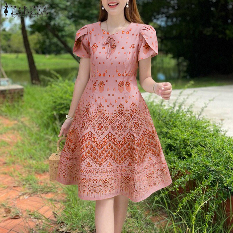 (3 Days Delivery) ZANZEA Korean Style Women Elegant O-Neck Dresses Raglan Sleeve Bowknot Floral Print Knee Length Dress #F ราคา 279 บาท*ส่งฟรี