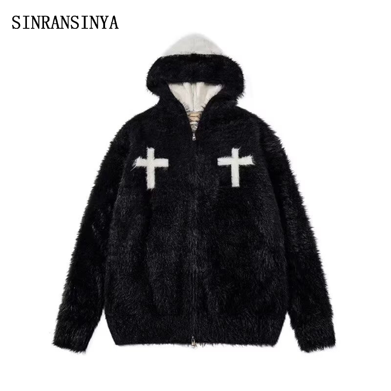 Mỹ đeo chéo Retro hoodie Áo cardigan dệt kim cho nam giới và phụ nữ, ấm cúng mùa thu mùa đông giản dị vừa rộng Zip-up áo len áo khoác