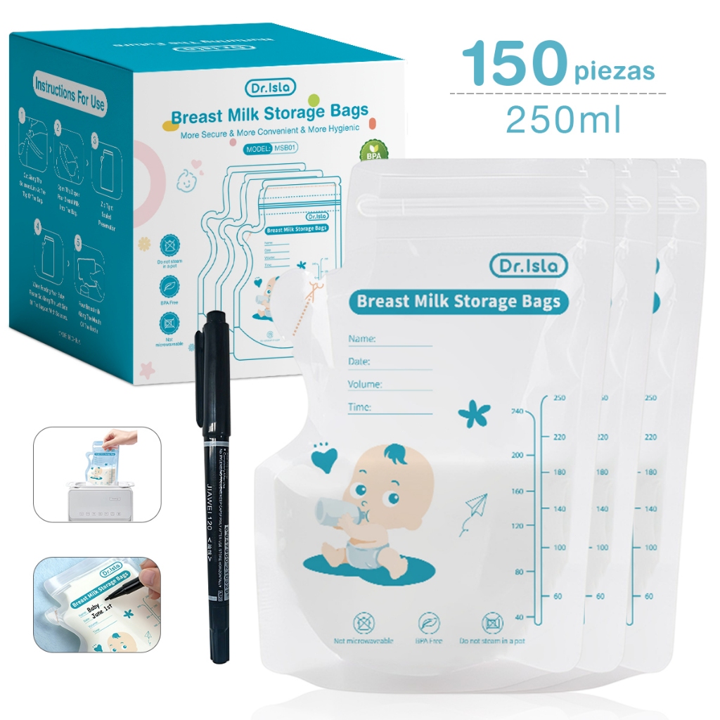 Dr.isla MSB01 150Pcs Breast Milk Storage Bag BPA Free Leak-Proof Double Zipper 8.45oz/250ml