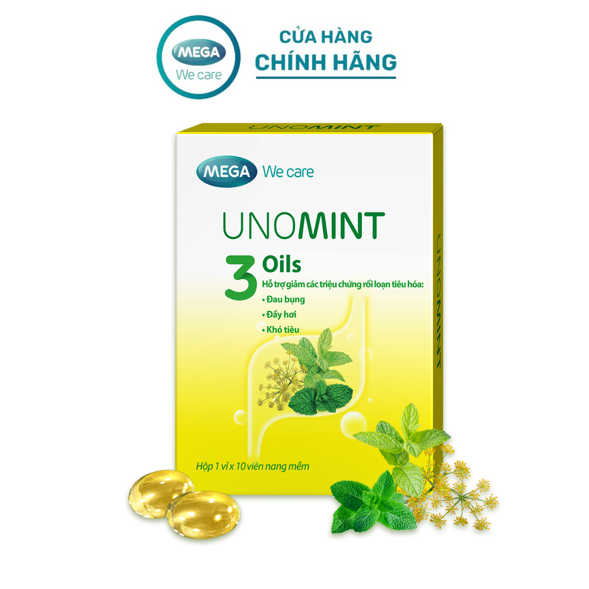  Viên uống tinh dầu bạc hà thì là cải thiện tiêu hóa giảm đau bụng khó tiêu đầy hơi UNOMINT Mega We Care  10 viên  