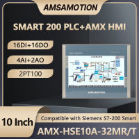 AMSAMOTION Touch Screen 10 All-in-one Ethernet Monitor HMI AMX-HSE10A-32MR Compatible Siemens S7-200 SMART PLC 16DI 16DO 4AI 2AO Controller