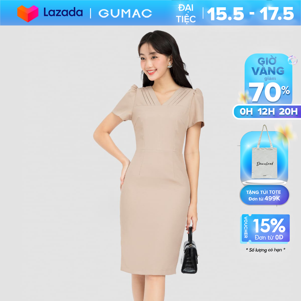 Đầm bút chì gumac, đầm cổ tim xếp ly tay ngắn nhún vai dc09058