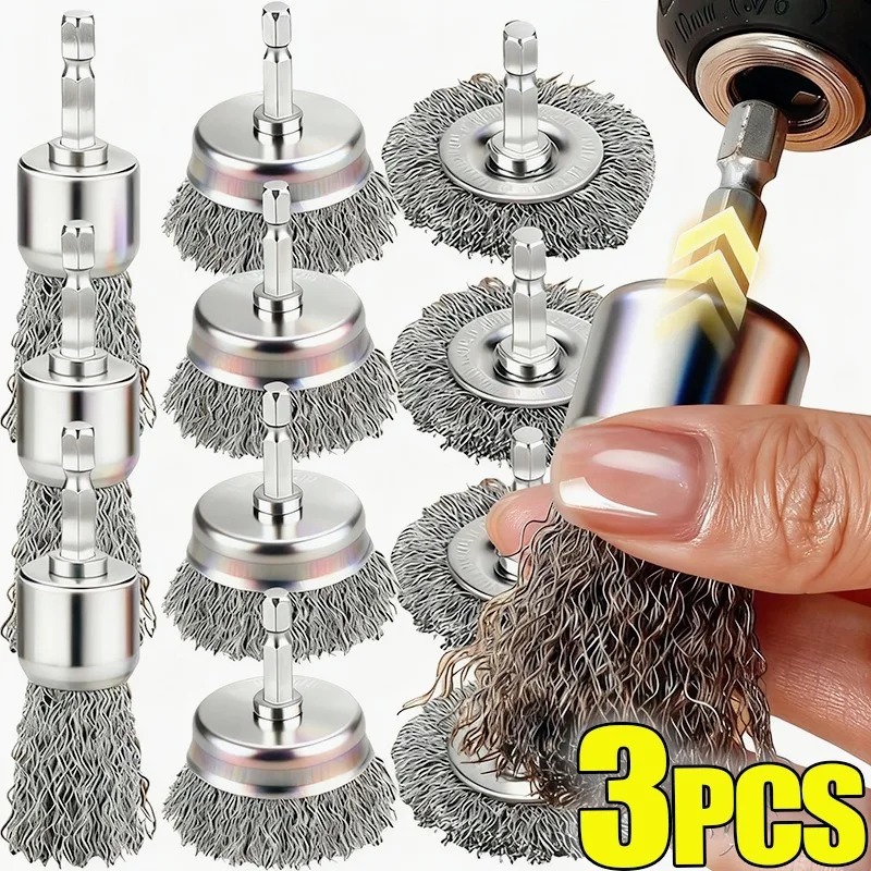 3 cái đa chức năng bàn chải thép điện với lục giác khoan bàn chải thép bàn chải tròn Bộ dụng cụ xoay kim loại làm sạch loại bỏ rỉ sét làm sạch phụ kiện