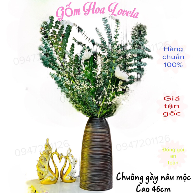 Bình cắm hoa gốm dáng chuông gầy cao 46cm men nâu mộc - Bình hoa lọ hoa decor trang trí - Gốm Bát tràng