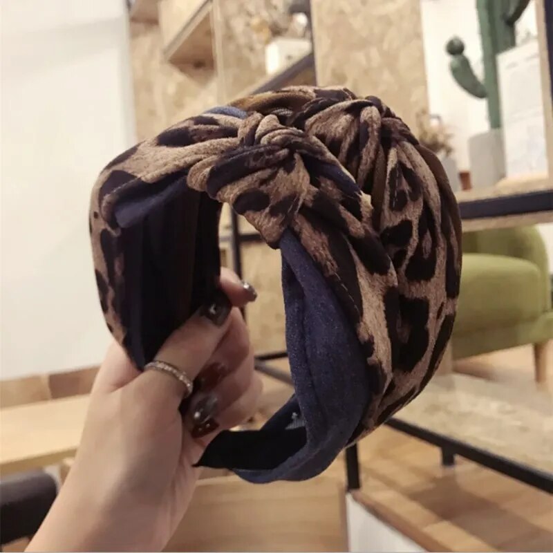 Cửa hàng Phụ nữ vải Phụ kiện tóc đơn giản in da báo màu trơn màu tương phản thắt nút rộng vành hairband Headband