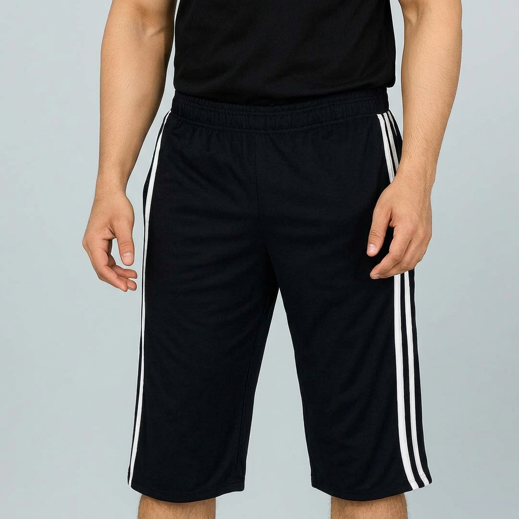 Hinz Men’s Side Stripe Cotton Summer Shorts – Long Length Three Quarter Casual Jogger Shorts, Breathable Lightweight Summer Wear