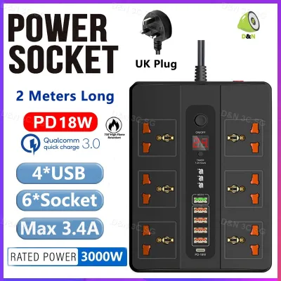 UK Extension Plug 3000W Multi Plug Smart 24 Hours Timer ype-C PD 18W QC3.0 Power Strip 6AC Universal Outlets 5 USB Charger Ports
