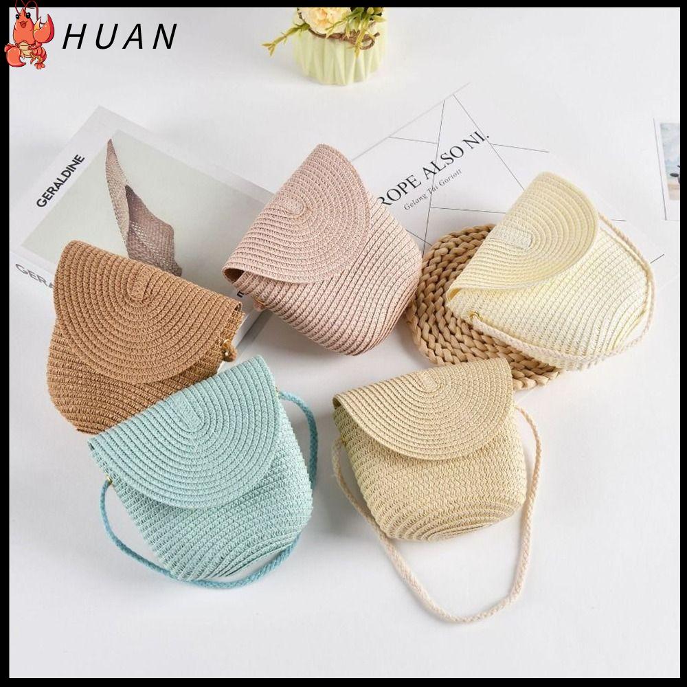 HUAN Thủ công Túi rơm Hình vỏ Mini Túi xách rơm Thời trang Túi xách Nữ Cô Gái