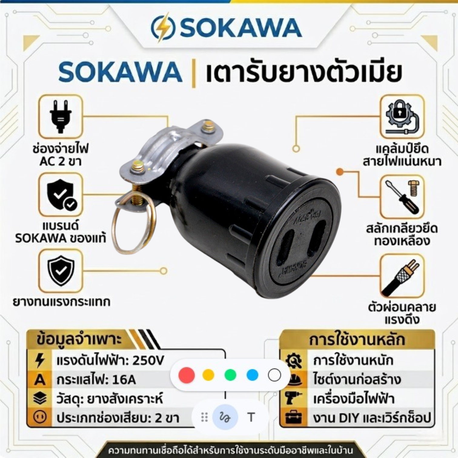 SONAWA ปลั๊กตัวเมียหุ้มยาง 16A 250V รุ่นงานหนัก มีประกับเหล็กรัดสายไฟ ปลั๊กเสียบยางหล่อ ทนกระแทก มีห่วงแขวน ราคา 15 บาท*ส่งฟรี