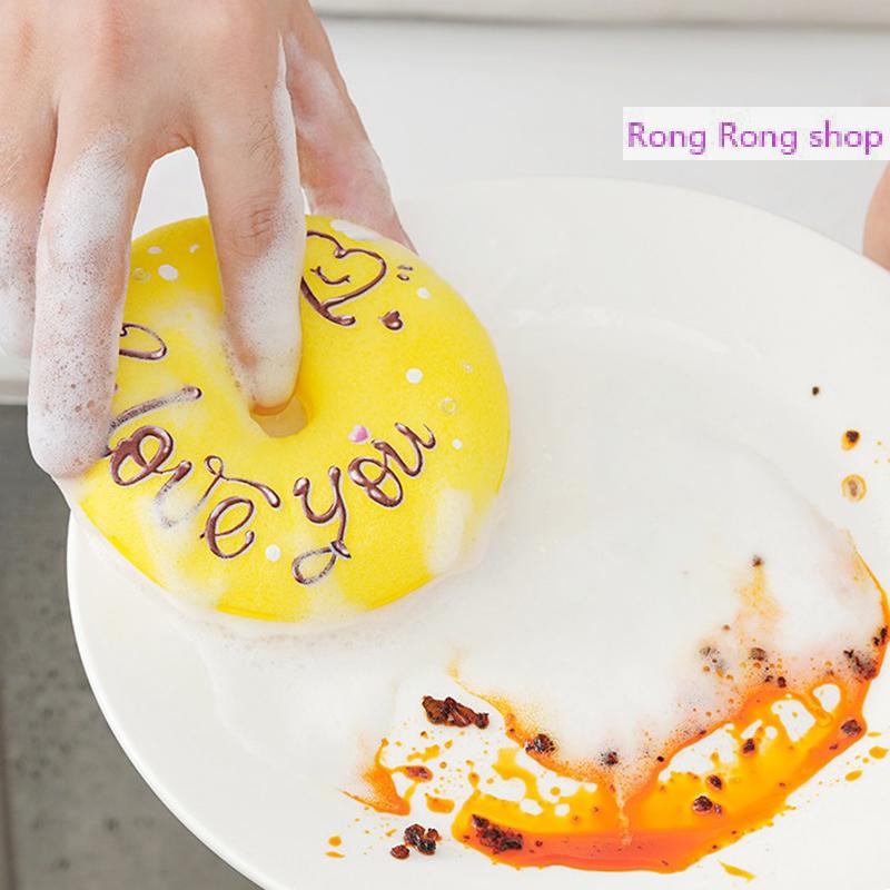 Rong Rong shop Món Ăn Miếng Bọt Biển Với Cốc Hút Không-Đầu Donut Miếng Bọt Biển Thiết Lập Với Cốc Hút Nhanh Chóng Thoát Nước Rửa Chén Bàn Chải Cho Nhà Bếp