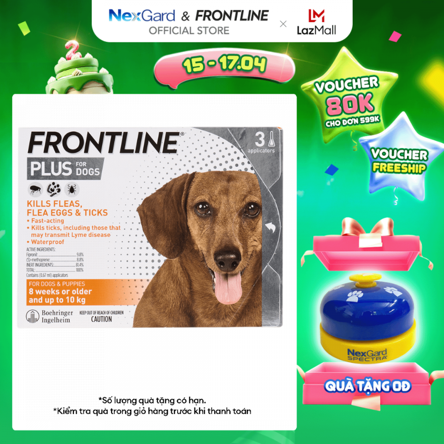 Frontline Plus - Tuýp nhỏ gáy phòng & trị ve, rận, bọ chét dành cho chó size S (2-10kg) - 1 hộp 3 tuýp