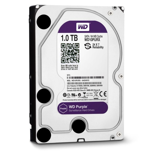 Bảng giá Western Purple HDD 1TB chuyên dụng ghi hình camera và lưu trữ cho máy tính bàn Bảo hành : 12 tháng  - Intellipower (5400-7200rpm) - 64MB Cache  - Chuyên dùng cho thiết bị ghi hình kỹ thuật số.  - Western Purple Ghi hình liên tục 24/7, hỗ trợ lên tới