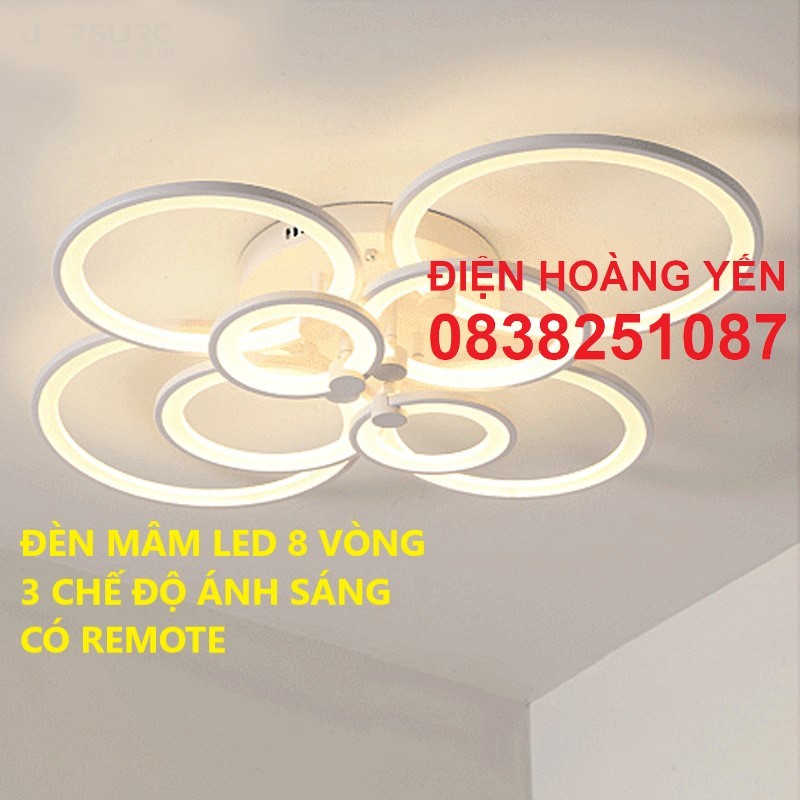 Đèn led ốp trần, mâm đèn ốp trần 8 vòng tròn 3 chến độ ánh sáng điều khiển từ xa