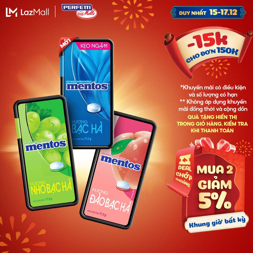 COMBO 6 Kẹo ngậm không đường Mentos Hương Đào Nho Bạc Hà 6 hộp nhựa mang đến hơi thở tươi mát
