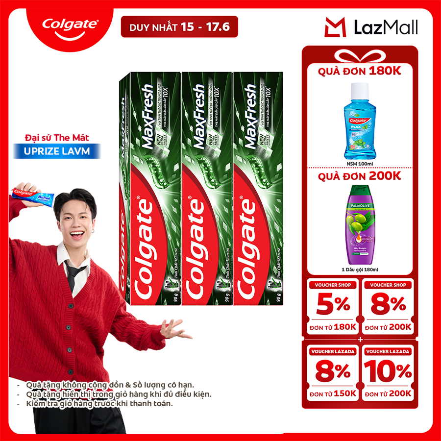 Bộ 3 Kem đánh răng hơi thở thơm mát và làm trắng răng Colgate Maxfresh Bamboo Charcoal 90g