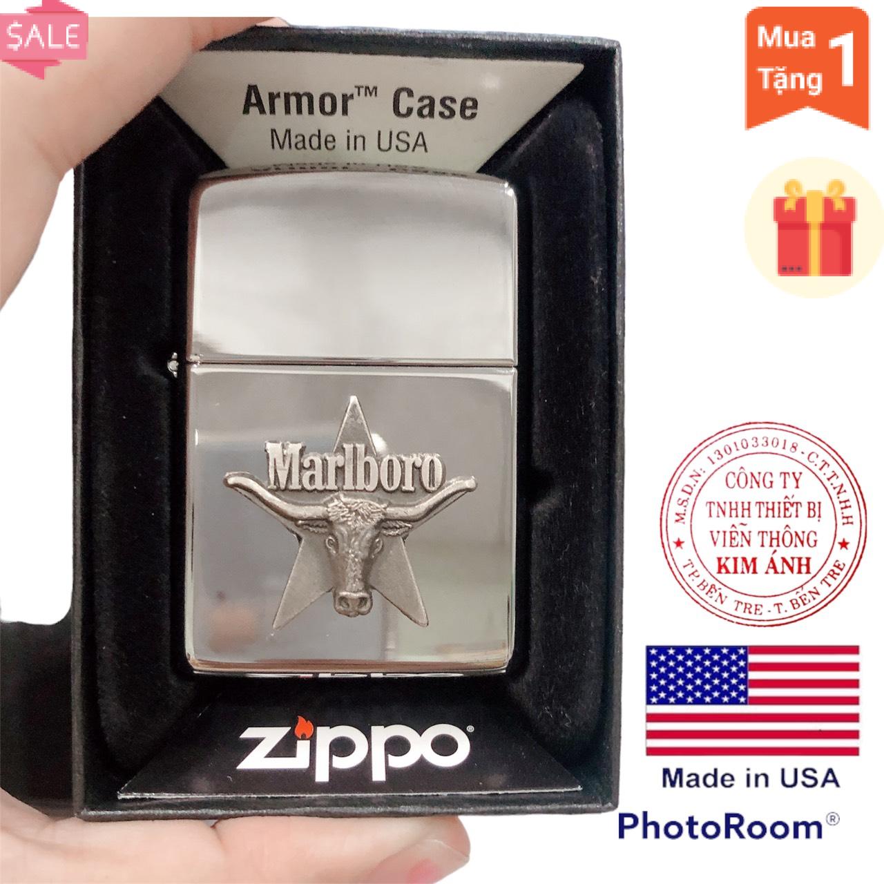 Bật lửa Zippo Mỹ Armor high polish chrome mã 167, Eblem đầu bò bạc khối nguyên chất, Mộc ngược, Hàng chính hãng