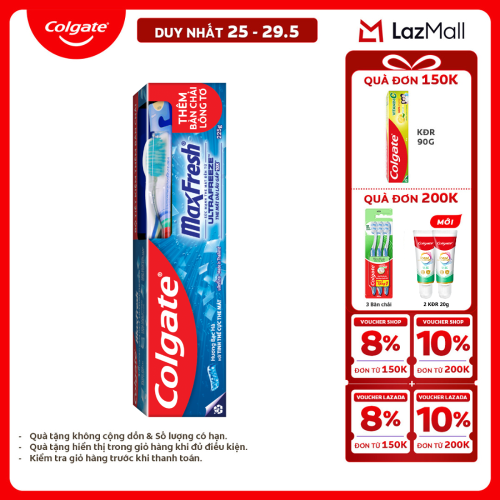 [Chỉ 25-29.5_X2 Voucher giảm 20%] Kem đánh răng Colgate MaxFresh ULTRAFREEZE the mát gấp 10X 225g /tuýp tặng bàn chải đánh răng lông mềm