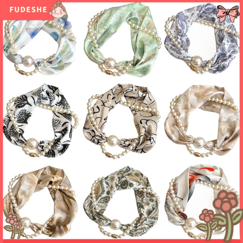 FUDESHE Chất liệu lụa Khăn lụa ngọc trai từ tính Kiểu Dáng Dài Ngọc Trai Nhỏ Khăn giữ ấm cổ Người mẹ nữ Khóa từ tính Khăn quàng cổ đính ngọc trai Thời trang nữ