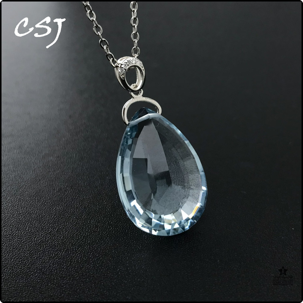 [9033] CSJ mới Aquamarine Mặt dây chuyền Sterling 925 bạc tạo ra đá quý 18*26mm Topaz Vòng cổ cho dự tiệc cho nữ trang sức sinh nhật Quà Tặng