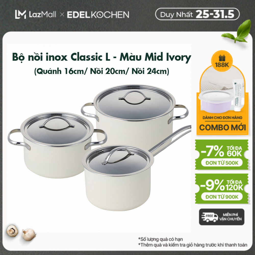 Bộ nồi inox Edelkochen Classic L Collection - Màu Mid Ivory