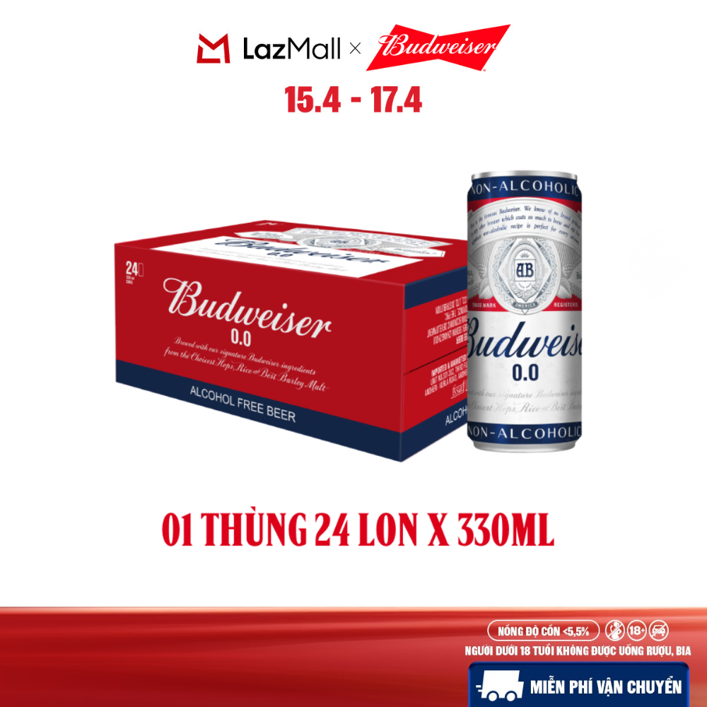 [MỚI] Thùng 24 Lon Bia Budweiser Không Độ Cồn Chính Hãng (330ml/ lon)
