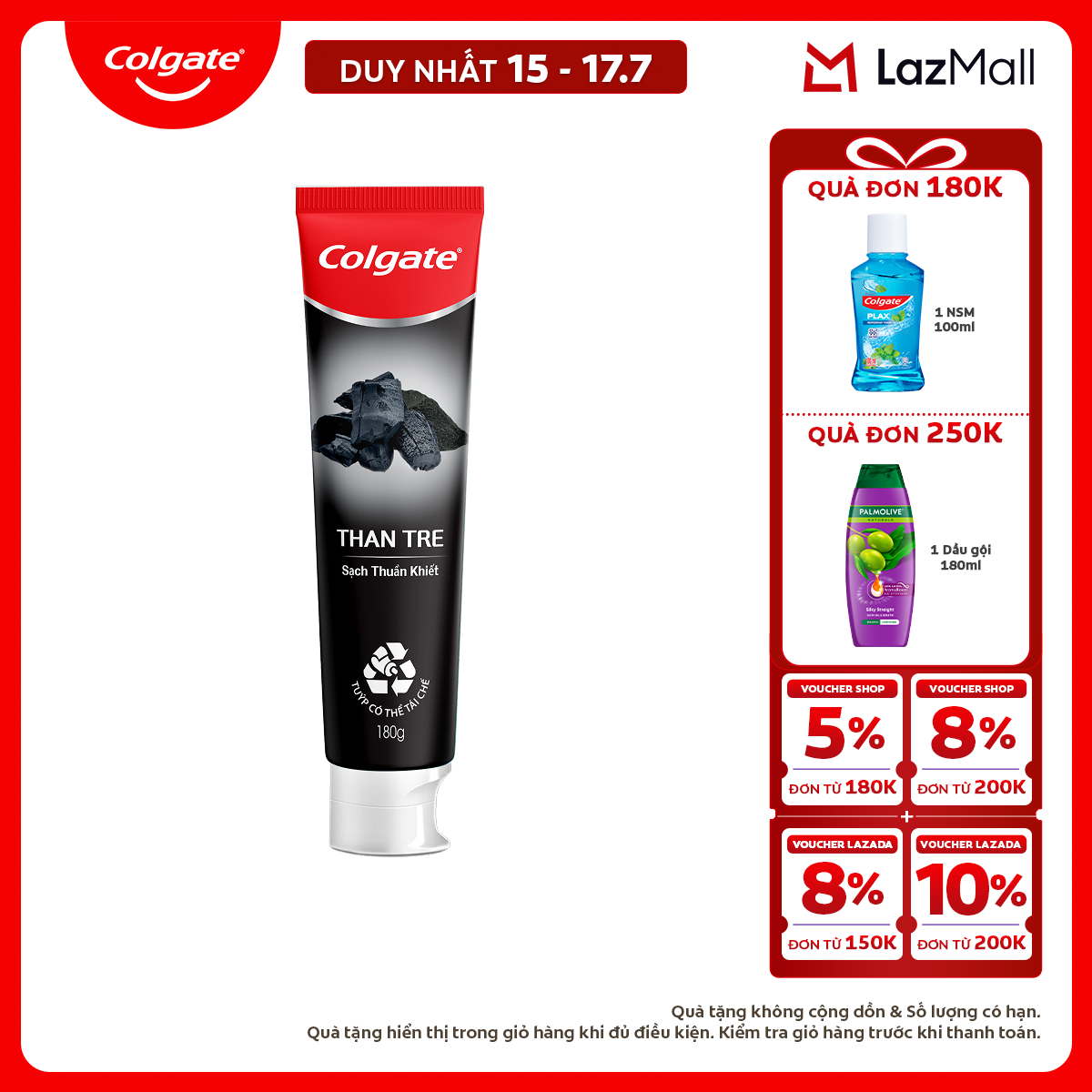 [Chỉ 15-17.7_X2 Voucher giảm đến 18%] Kem đánh răng Colgate thiên nhiên từ than tre Hàn Quốc 180g