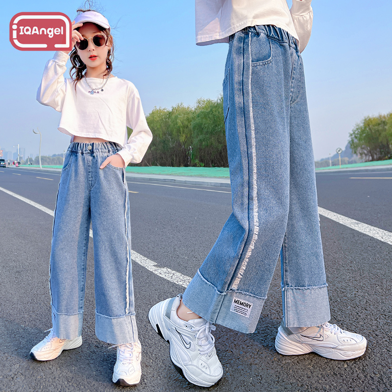 IQAngel Quần jeans bé gái Quần hợp thời trang rộng rãi quần dài cho bé gái quần ống rộng bé gái