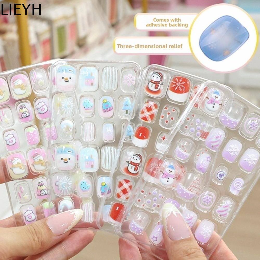 LIEYH Người tuyết bông tuyết Móng tay giả Giáng sinh cho trẻ em Nơ Hoa thỏ Móng tay giả hoạt hình cho trẻ em Đầy màu sắc Dụng cụ làm móng Bộ móng giả cho trẻ em Tiệc Giáng sinh
