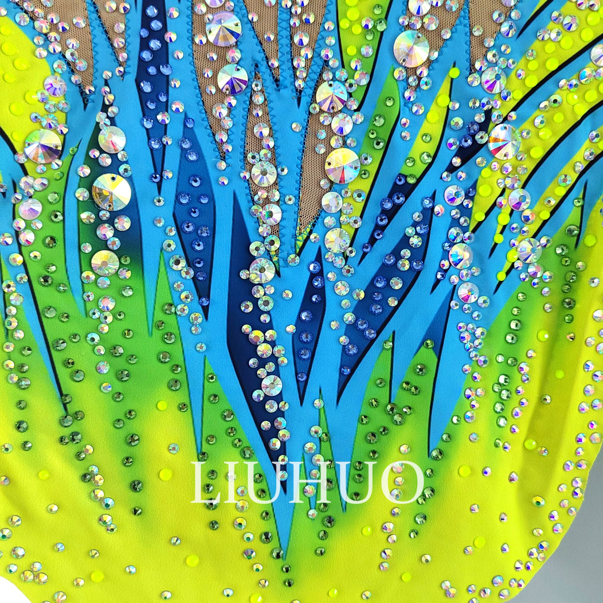 QAZWS LIUHUO Handmade Rhythmic Gymnastics Leotards Girls Women Green Long Sleeves Dance Wear Competition Unitards Ice Skating MKLPO