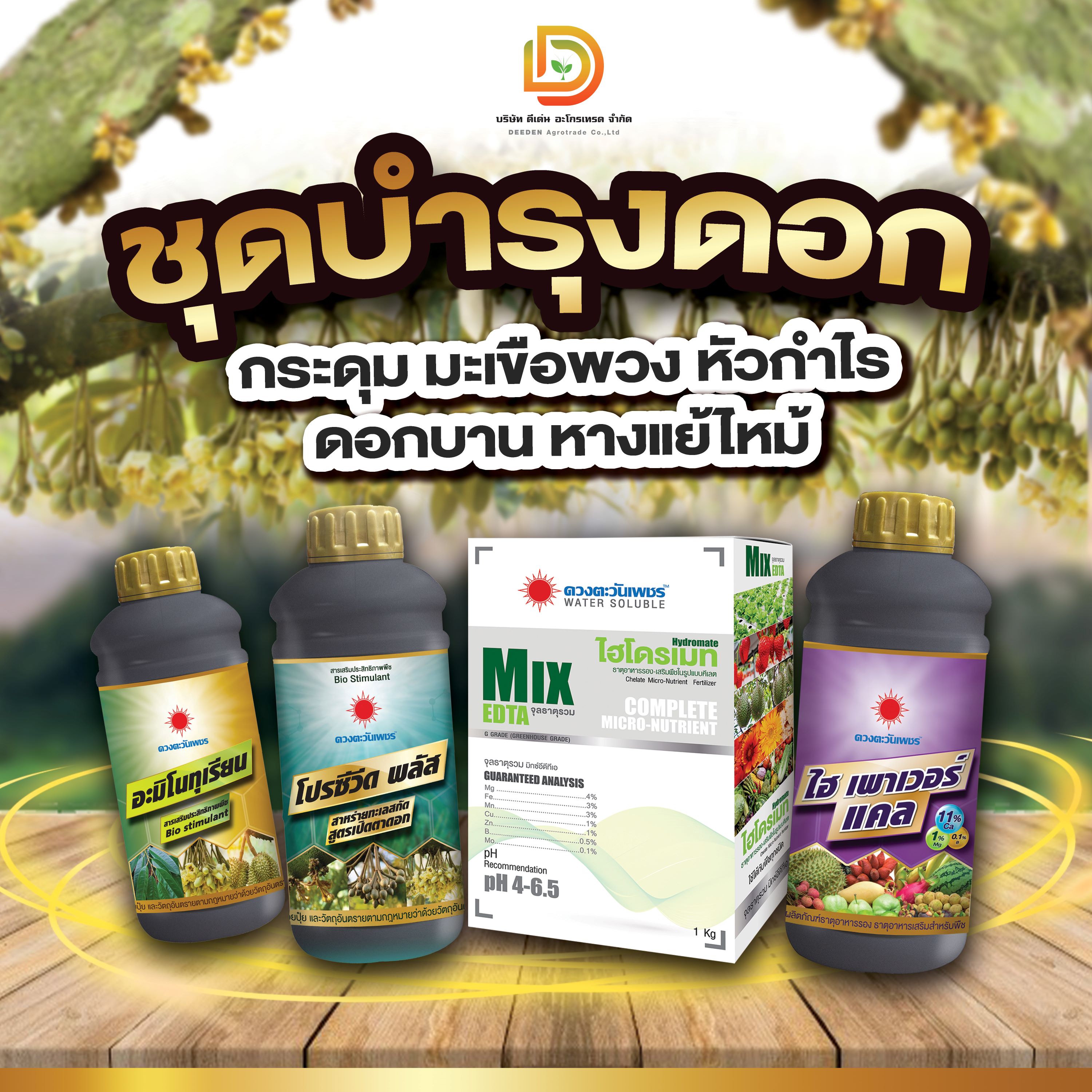 #ชุดบำรุงดอก #ดวงตะวันเพชร ระยะกระดุม มะเขือพวง หัวกำไร ดอกบาน หางแย้ไหม้ ( อะมิโนทุเรียน+โปรซีวีดพลัส+ไฮพาวเวอร์เเคล+MIX-EDTA ) ราคา 1,350 บาท*ส่งฟรี