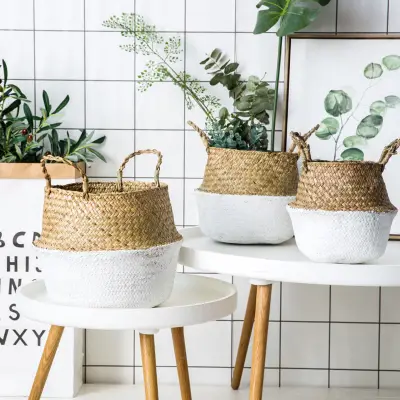 Seagrass Woven Handheld Toy Handle Bag Plant Flower Pots Storage Basket Useful Environmental Protection Primary Color Rattan Belly Basket Storage Plant Pot Foldable Nursery Laundry Bag Room Decor