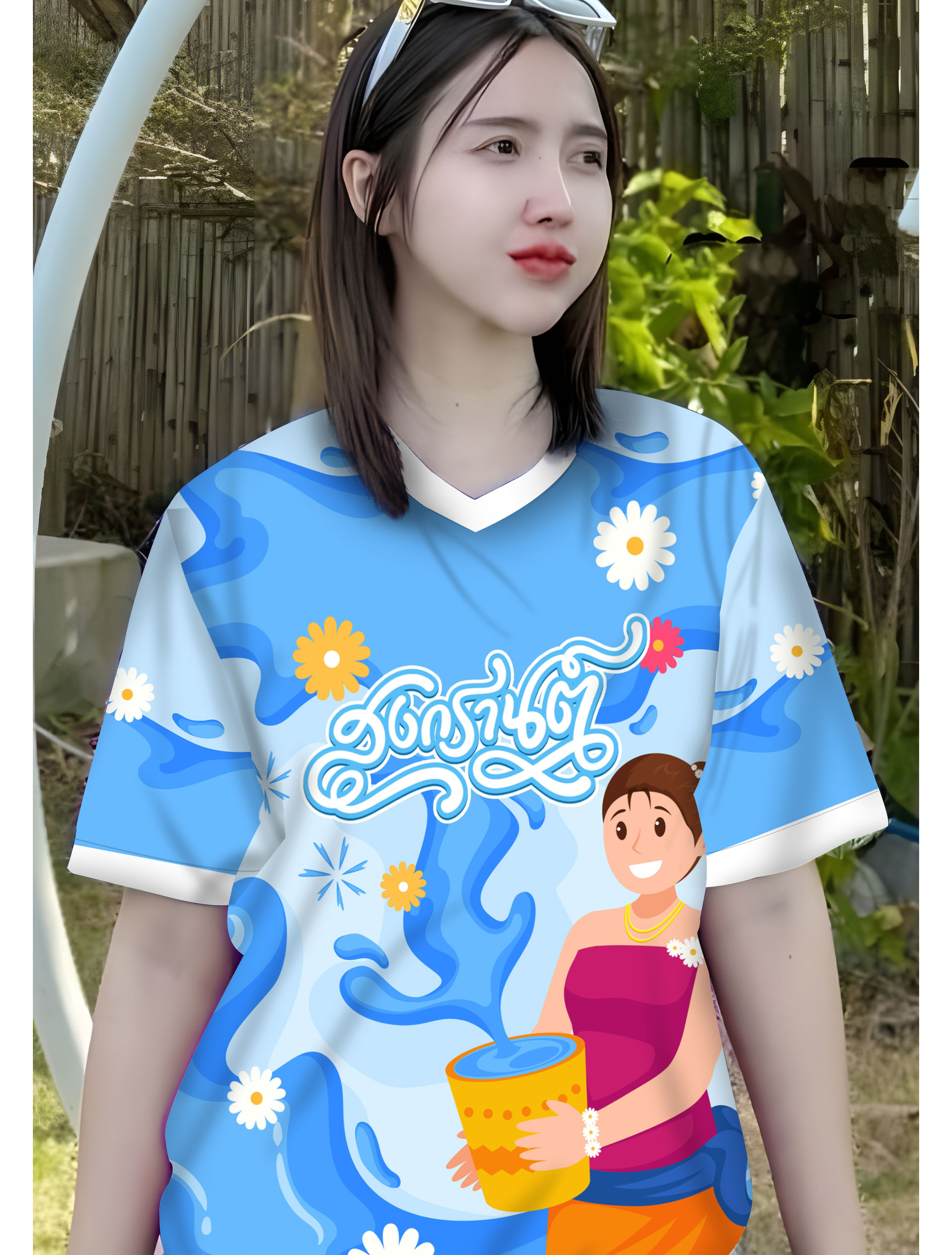 เสื้อยืดคอวีแขนสั้นผู้หญิง สงกรานต์ 2025 ระบายอากาศได้ดี แห้งเร็ว ใส่เป็นทีม ราคา 100 บาท*ส่งฟรี