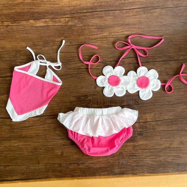 Set Bikini Hoa Hồng Chất Cotton Đi Biển Kèm Mũ Cho Bé Gái 3-12kg