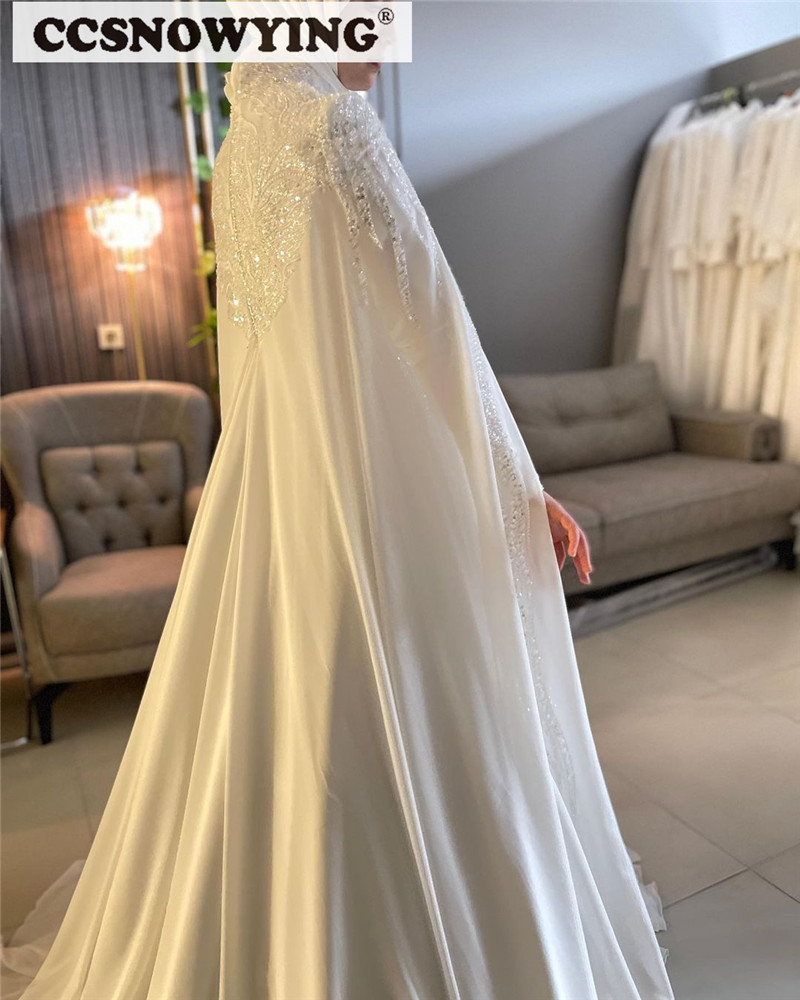 [pjga] Elegant Chiffon Beaded Sequin Wedding Dresses for Bride with Cape Long Sleeve Islamic Bridal Gown Arabic Dubai Robe De Mariée