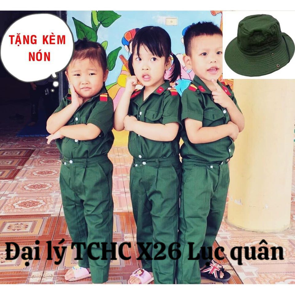 Bộ quần áo bộ đội trẻ em kèm nón tai bèo