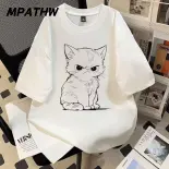MPATHW  Áo thun tay ngắn in hình mèo dễ thương, dáng rộng phù hợp cả nam và nữ, phong cách thời trang mùa hè