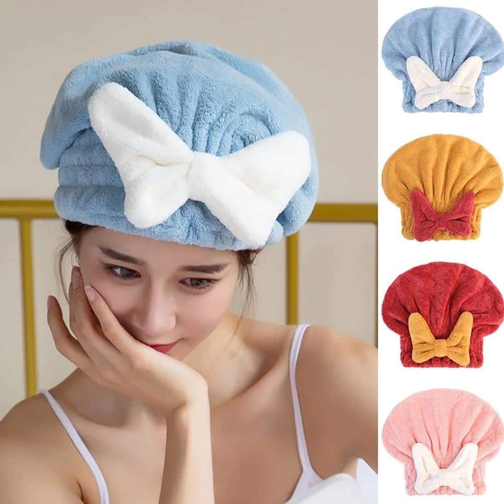 Mũ ủ tóc siêu thấm nước, mũ tắm nơ nhung dày dặn, khăn quấn khô tóc có nơ dễ thương 123