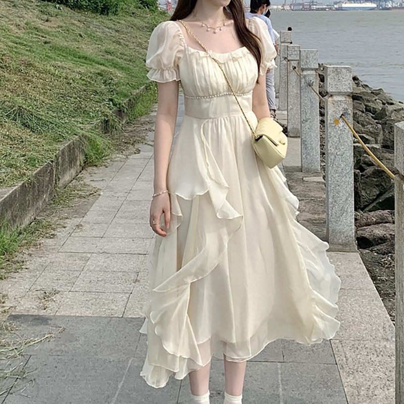 Xinrong Đầm MIDI ĐI TIỆC cổ tích màu trơn sang trọng cho nữ ĐẦM MÙA HÈ màu trắng Hàn Quốc mới 2023 Chân váy dài cạp cao dáng ôm thanh lịch Y2K