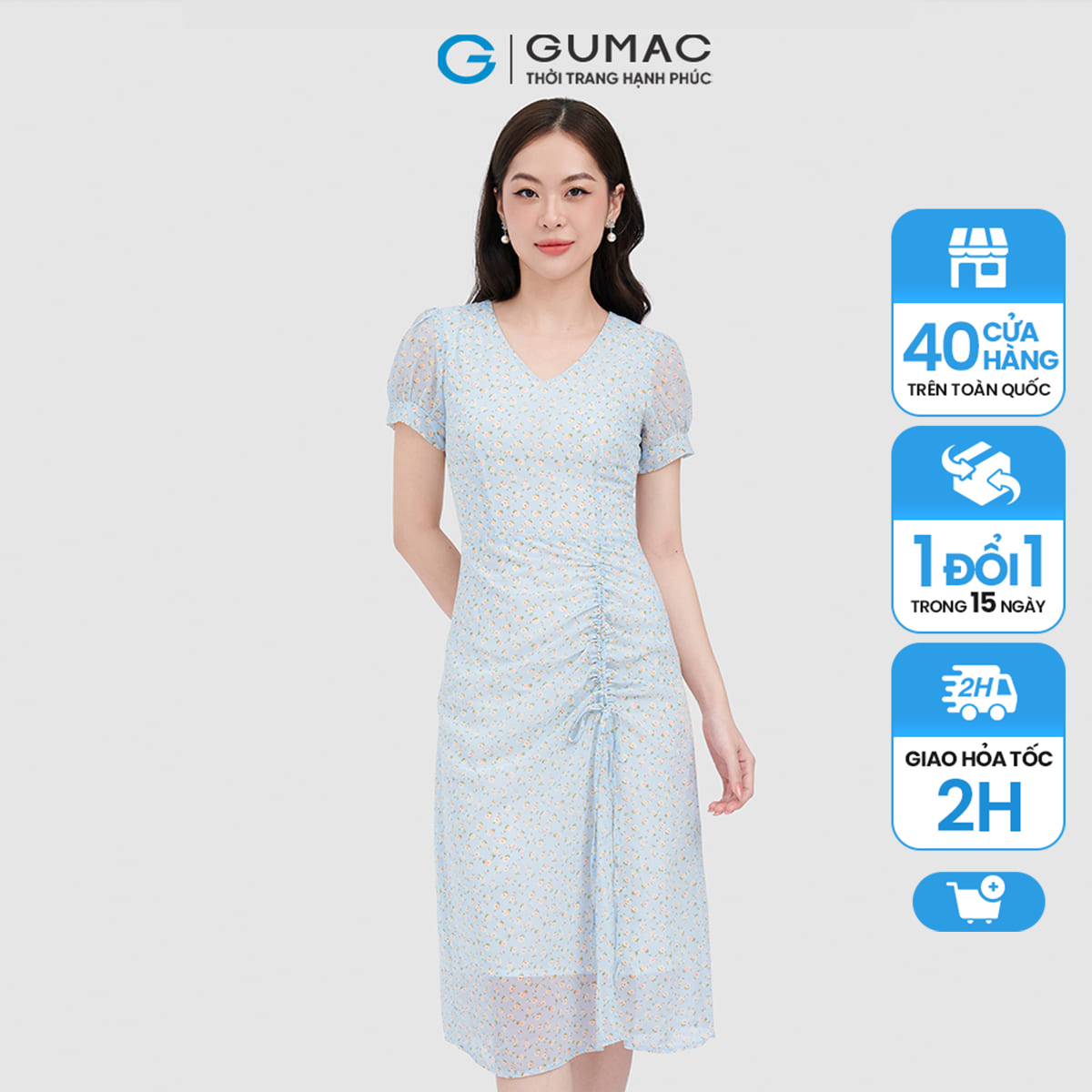 Đầm form a cổ v hoa nhí nhún nơ đùi gumac dc09088
