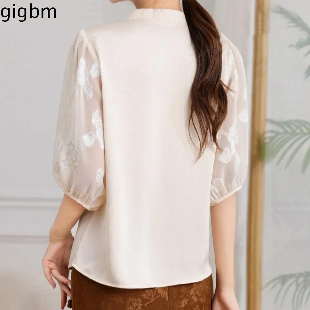 GIGBM Lưới Áo thun ren hoa Trong suốt Gầy Áo cánh ngắn tay Thanh lịch Áo thun trong suốt Áo sơ mi hoa ngọt ngào Mùa hè