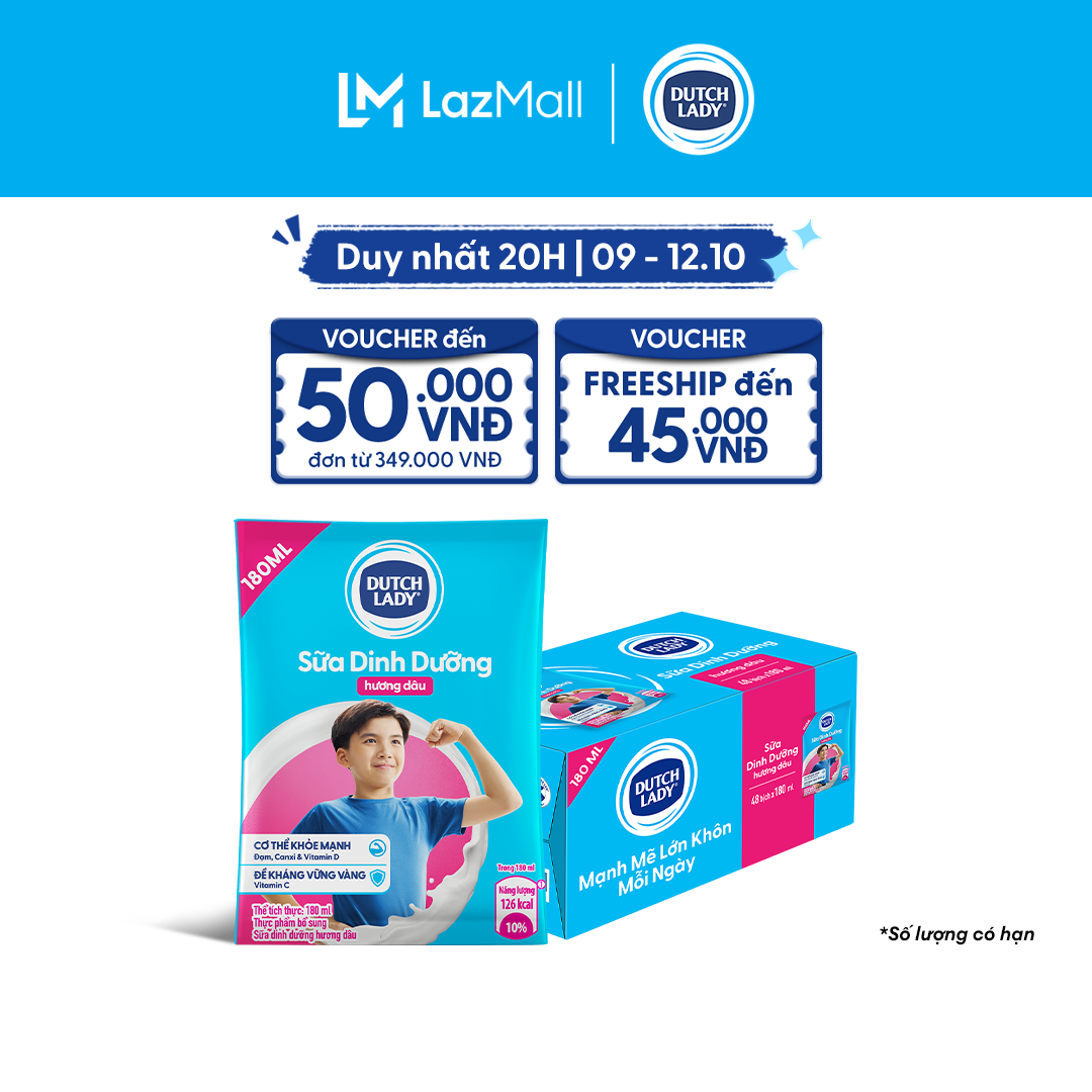 Thùng 48 Bịch Sữa Dinh Dưỡng Dutch Lady Cô Gái Hà Lan Hương Dâu 180ml