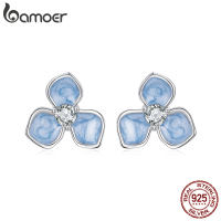 Bamoer đích thực 925 Sterling bạc hoa màu xanh khuyên nụ mạ vàng trắng không gây dị ứng hình hoa Studs sce1824