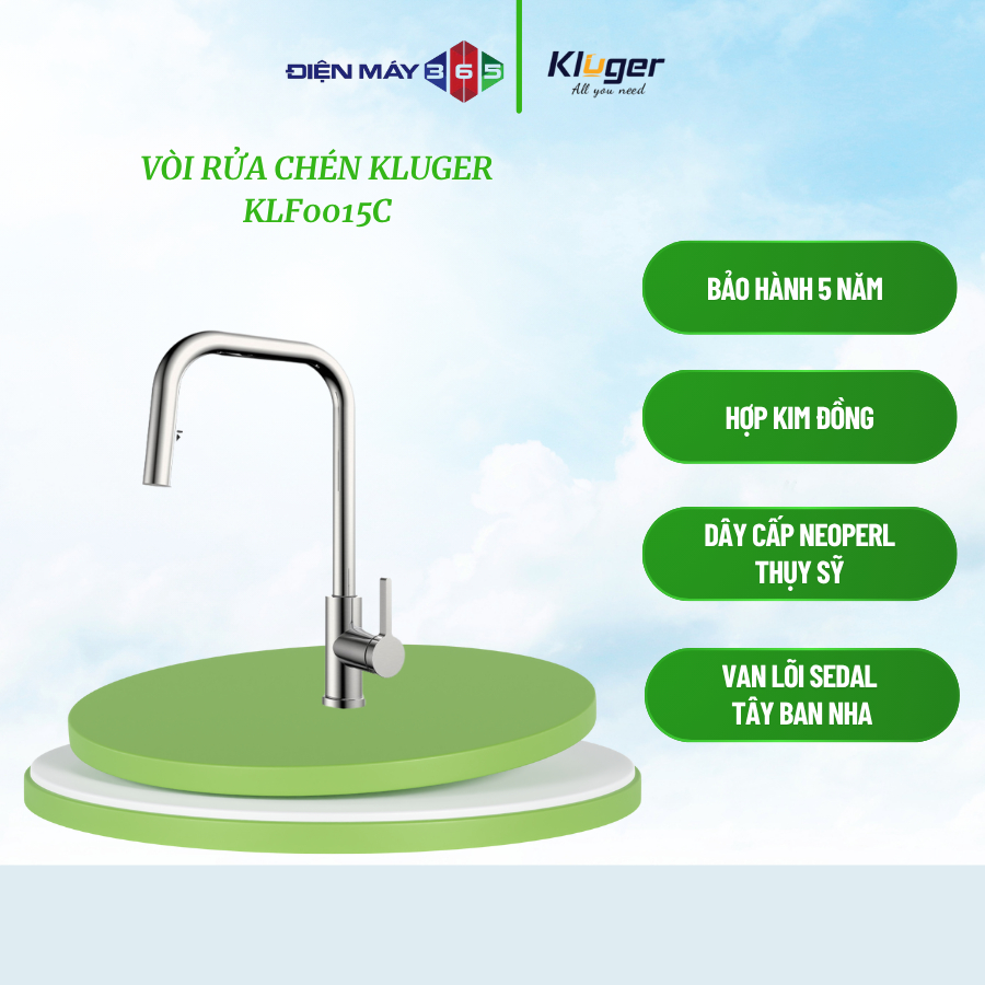 Vòi rửa bát dây rút thế hệ mới Kluger LEO Series KLF0015C, Xoay 360 độ, điều chỉnh nóng/lạnh - STM