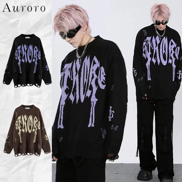 WGB Áo len cổ tròn dáng rộng họa tiết kẻ sọc màu sắc thời trang cho nam và nữ unisex from rộng áo sweater