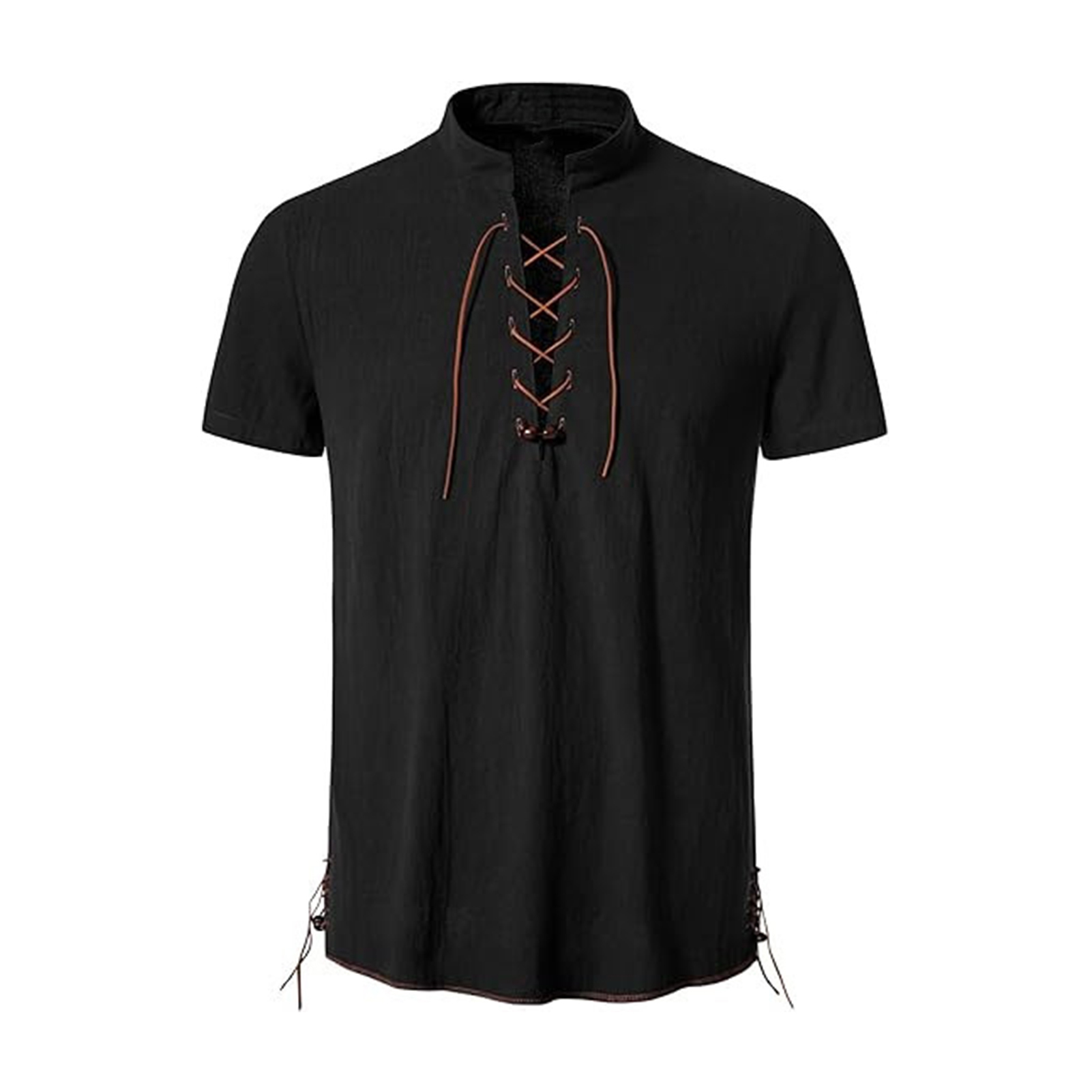 Lunchmoney Banded Collar Shirt Beach Summer Top Men's Casual Band Collar Short Sleeve Shirt with Straps Perfect for Daily Wear Vacation and Work Summer Solid Color Top Tee