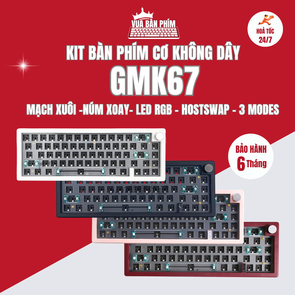 [HÀNG SẴN] KIT bàn phím cơ gmk67 không dây, mạch xuôi, led rgb, gasket mount ,có núm xoay, hostswap,