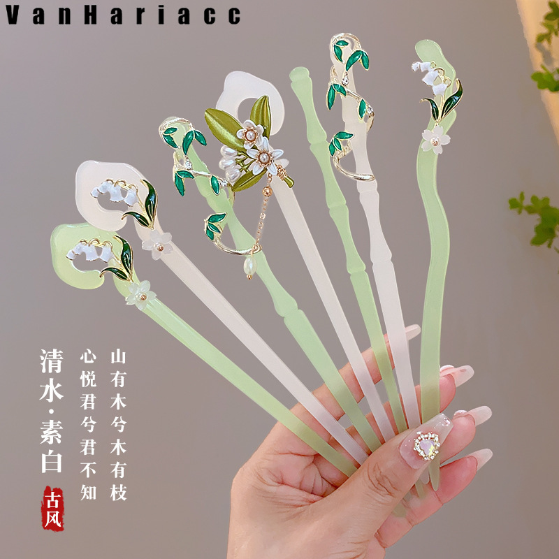 Cổ Điển Kẹp Tóc Tre Màu Xanh Lá Cây Hàng Ngày hoa linh lan Tóc Trâm Cho Phụ Nữ